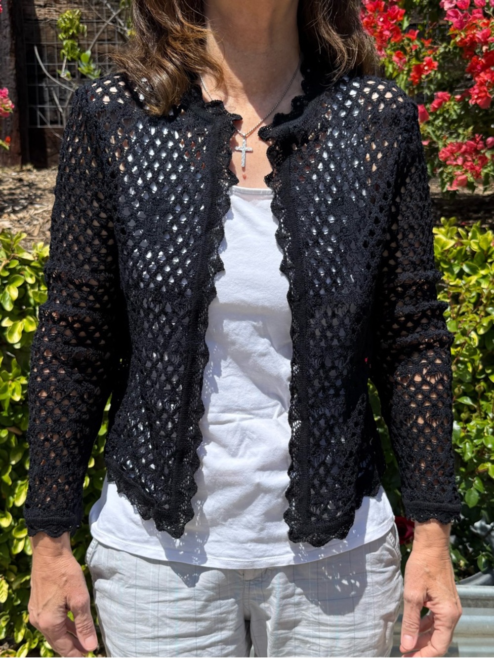 St. John evening black metallic floral crochet knit  cardigan